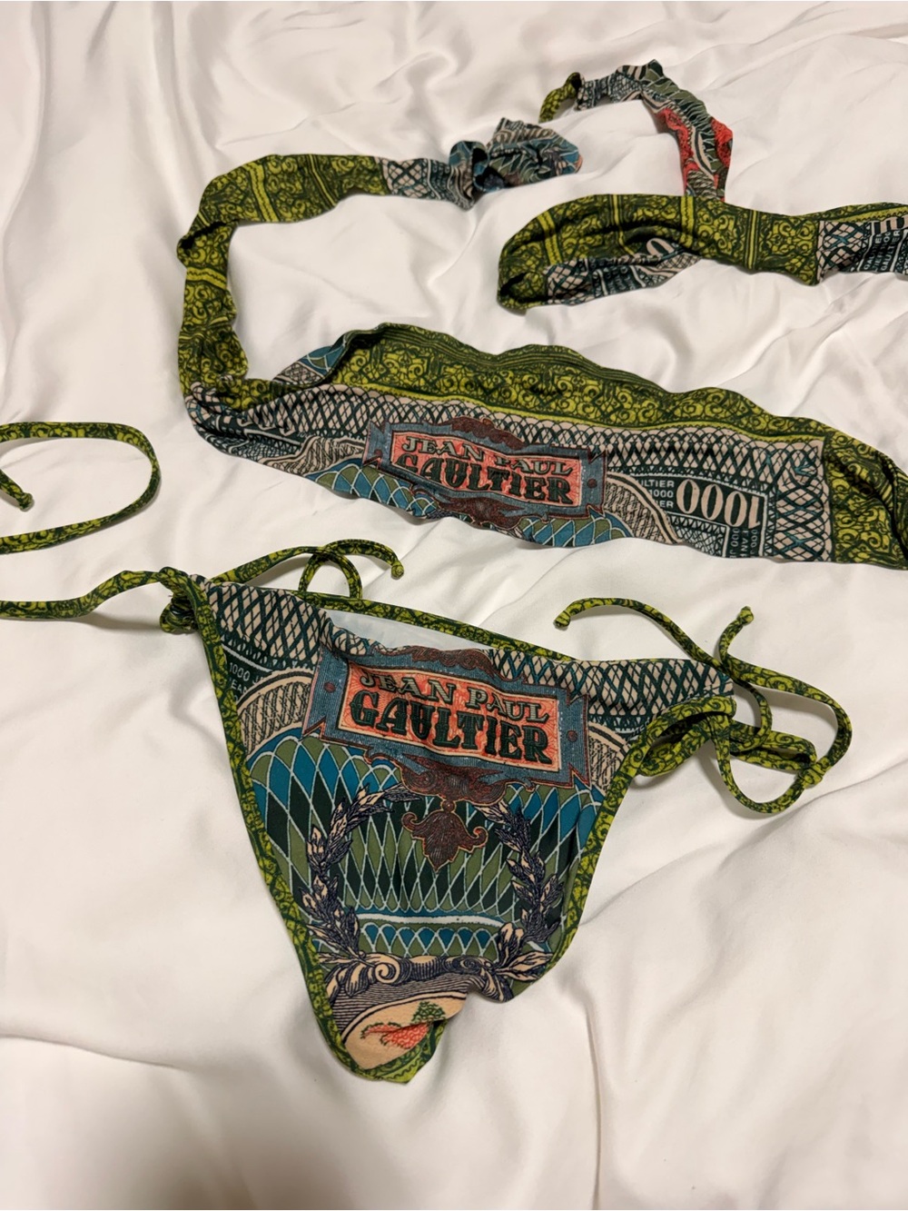 Jean Paul Gaultier Green and Teal Patterned Tie Bikini with Red Accents - Picture 2 of 2